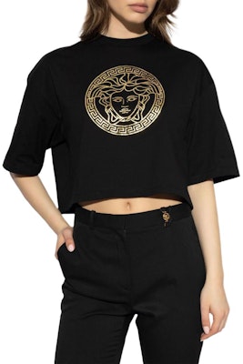 (Women) VERSACE SS24 Black Short Sleeve Logo Print Crop Top Tee. 1014275-1A11608-2B150 Lookbook (Women) VERSACE SS24 Black Short Sleeve Logo Print Crop Top Tee. 1014275-1A11608-2B150