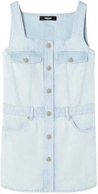 (W) ヴェルサーチ SS24 スクエアネックラインとゴムウエストのブルー袖なしドレス 1015044-1A10425-1D700 Buy (W) ヴェルサーチ SS24 スクエアネックラインとゴムウエストのブルー袖なしドレス 1015044-1A10425-1D700