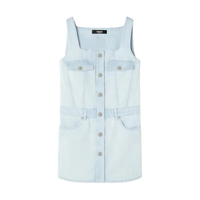 (Women) VERSACE SS24 Sleeveless Blue Dress with Square Neckline and Elastic Waist. 1015044-1A10425-1D700
