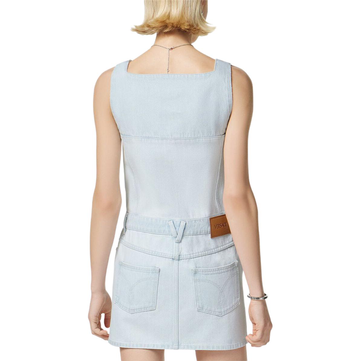 Shop (W) ヴェルサーチ SS24 スクエアネックラインとゴムウエストのブルー袖なしドレス 1015044-1A10425-1D700