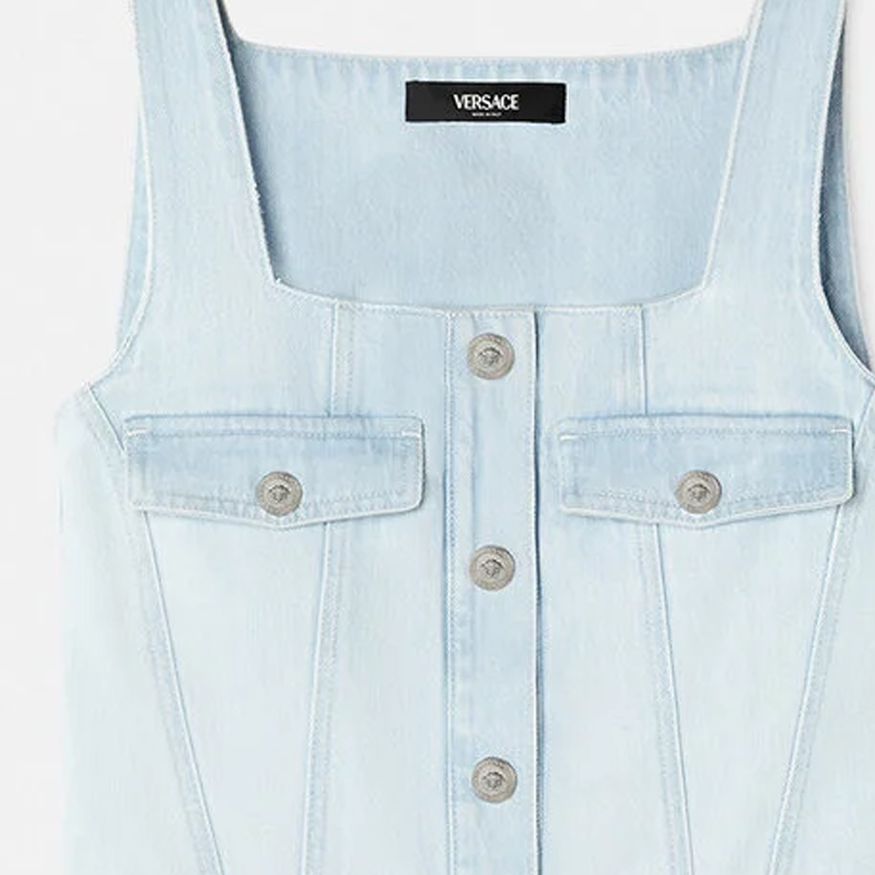 Details for (W) ヴェルサーチ SS24 スクエアネックラインとゴムウエストのブルー袖なしドレス 1015044-1A10425-1D700