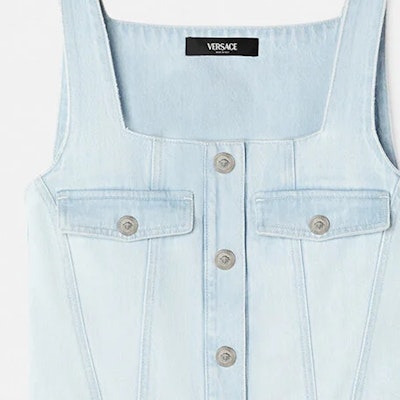 (W) ヴェルサーチ SS24 スクエアネックラインとゴムウエストのブルー袖なしドレス 1015044-1A10425-1D700 Details for (W) ヴェルサーチ SS24 スクエアネックラインとゴムウエストのブルー袖なしドレス 1015044-1A10425-1D700