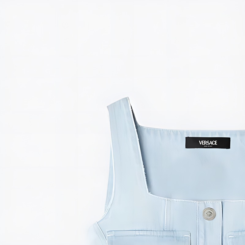 Sizing (W) ヴェルサーチ SS24 スクエアネックラインとゴムウエストのブルー袖なしドレス 1015044-1A10425-1D700