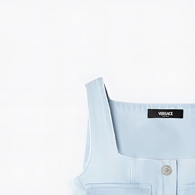 (W) ヴェルサーチ SS24 スクエアネックラインとゴムウエストのブルー袖なしドレス 1015044-1A10425-1D700 Sizing (W) ヴェルサーチ SS24 スクエアネックラインとゴムウエストのブルー袖なしドレス 1015044-1A10425-1D700