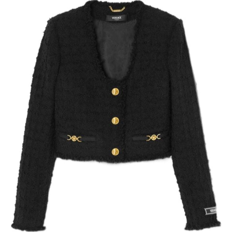 (Women) VERSACE SS24  Solid Color Cropped Button-Up Jacket Black 1015744-1A10096-1B000 圖 2