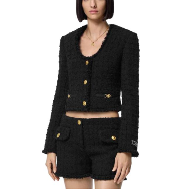 (Women) VERSACE SS24  Solid Color Cropped Button-Up Jacket Black 1015744-1A10096-1B000 圖 4