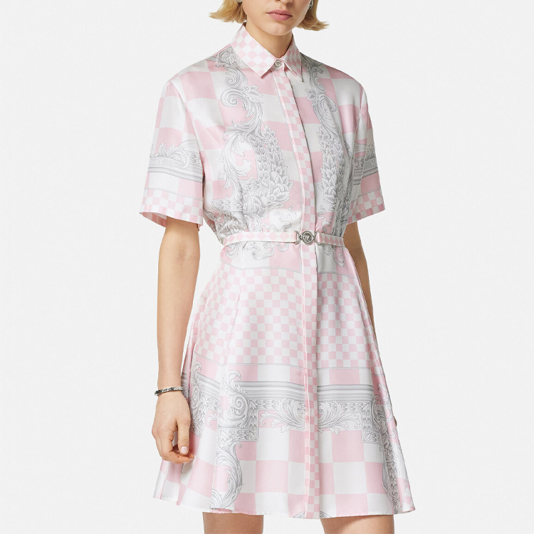 Shop (W) VERSACE SS24 粉色格紋方領短袖迷你連衣裙 女款 1015458-1A10739-5X490