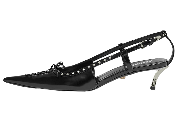 (Women) Versace Studded Strappy Mid-Low Heel 'Black Leather' 1007727-1A06446_1B00P