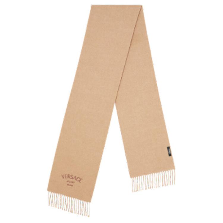 (Women) VERSACE Tassel Logo Wool Polyester Knit Scarf for Women in Brown. 1013625-1A09993_1KF70