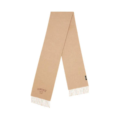 (Women) VERSACE Tassel Logo Wool Polyester Knit Scarf for Women in Brown. 1013625-1A09993_1KF70