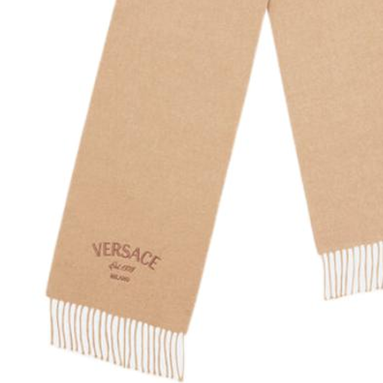 Lookbook (W) 베르사체 여성용 브라운 니트 울 폴리에스터 로고 태슬 머플러. 1013625-1A09993_1KF70