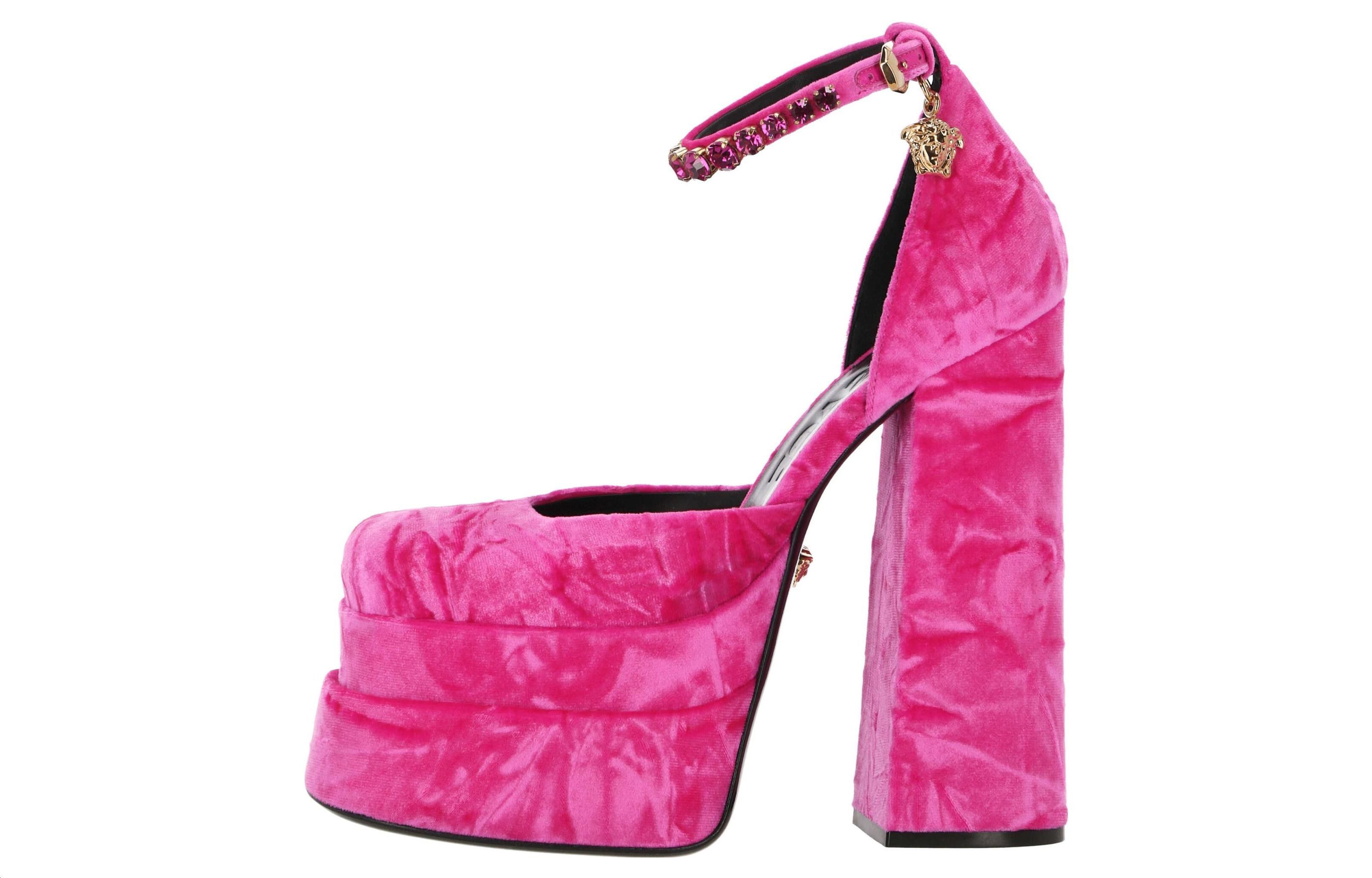 (W) Versace Thick-Soled Suede High Heels 'Pink Buckle'