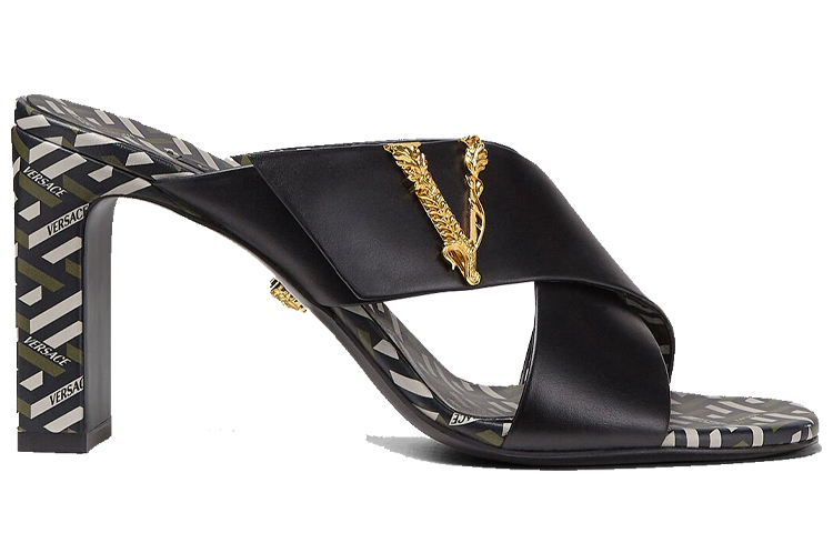 Order VERSACE 范思哲 Virtus La Greca 印花皮穆勒高跟鞋 女款 黑色