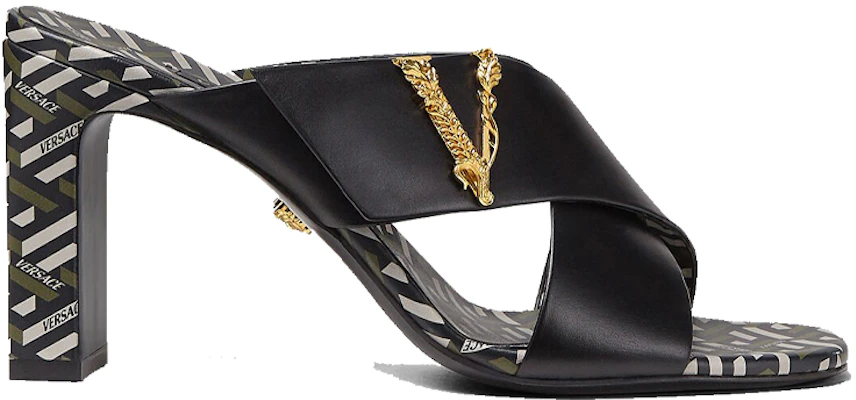 VERSACE 范思哲 Virtus La Greca 印花皮穆勒高跟鞋 女款 黑色 Order VERSACE 范思哲 Virtus La Greca 印花皮穆勒高跟鞋 女款 黑色