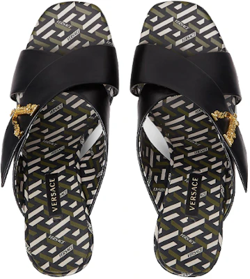 VERSACE 范思哲 Virtus La Greca 印花皮穆勒高跟鞋 女款 黑色 Shop VERSACE 范思哲 Virtus La Greca 印花皮穆勒高跟鞋 女款 黑色