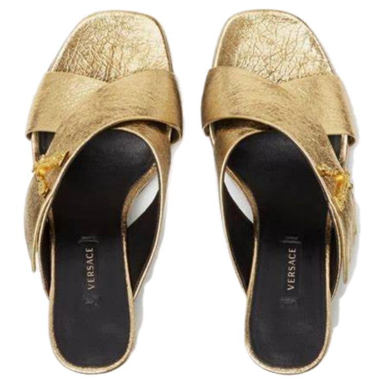 Shop (Women) Versace Virtus Leather Mule High-Heeled Sandals 'Gold' DST570M-DVL15_1X00V