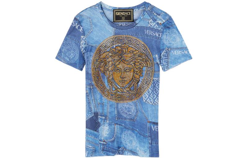 (Women) Versace Fendi  Blue Logo Print Crewneck T-Shirt 1005197-1A00769-2UB40 圖 2