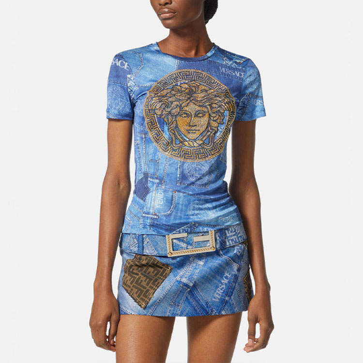 (Women) Versace Fendi  Blue Logo Print Crewneck T-Shirt 1005197-1A00769-2UB40 圖 3