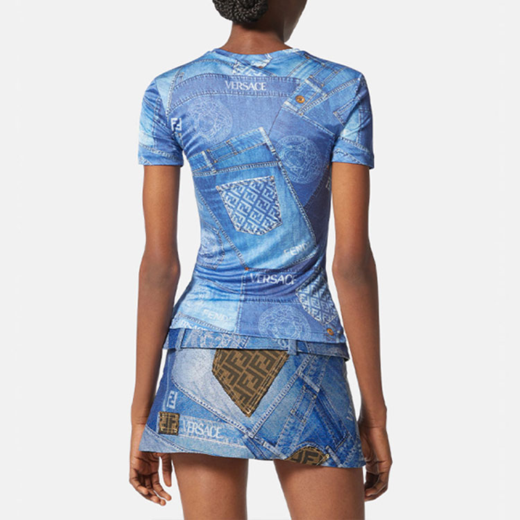 (Women) Versace Fendi  Blue Logo Print Crewneck T-Shirt 1005197-1A00769-2UB40 圖 4