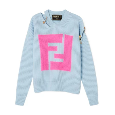 (Women) VERSACE Fendi SS22 Blue Logo Print Crewneck Cashmere Sweater 1004833-1A03302-1V590