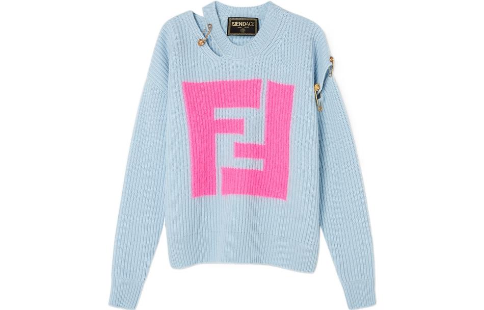 (Women) VERSACE Fendi SS22  Blue Logo Print Crewneck Cashmere Sweater 1004833-1A03302-1V590 圖 2