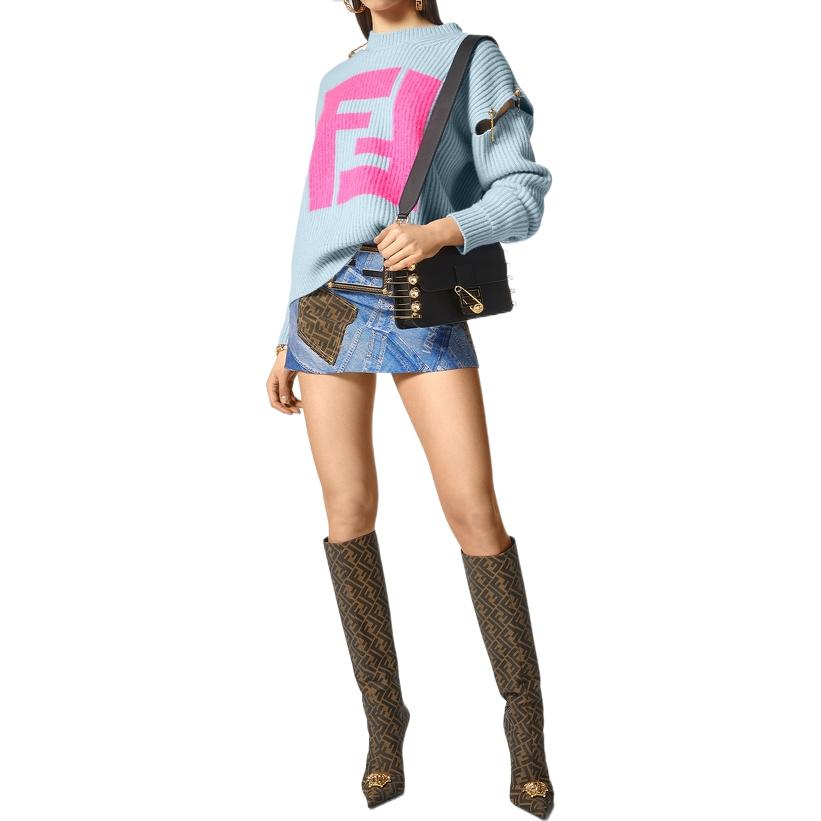 (Women) VERSACE Fendi SS22  Blue Logo Print Crewneck Cashmere Sweater 1004833-1A03302-1V590 圖 3