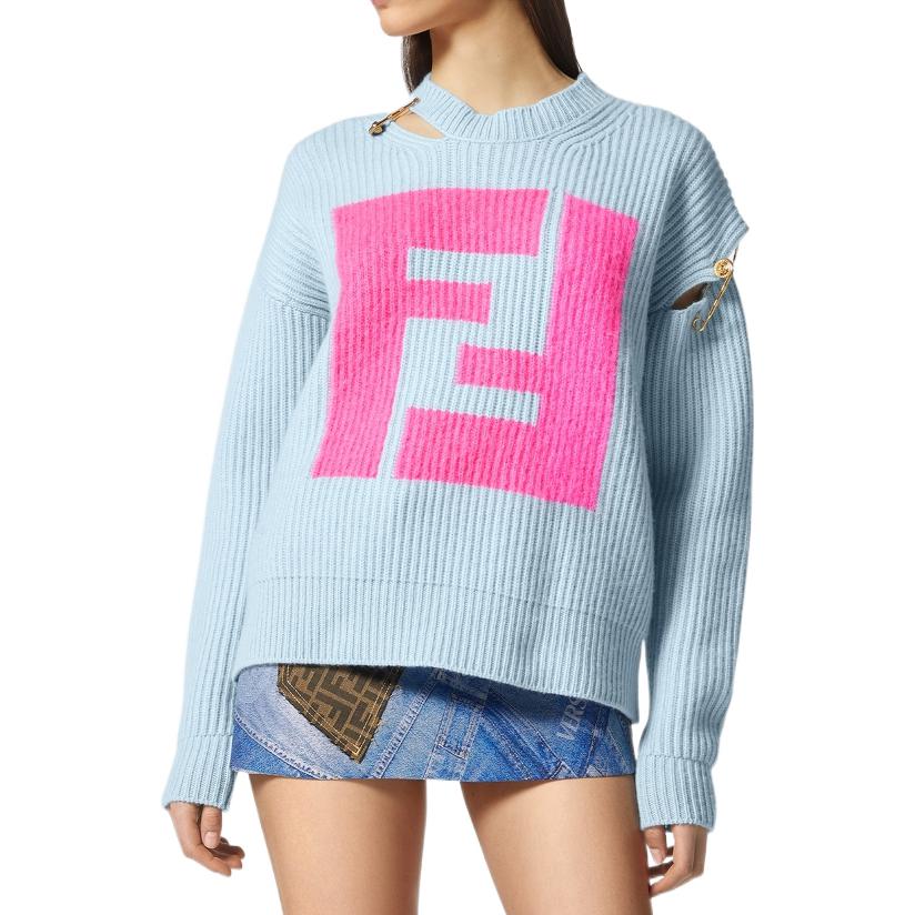 (Women) VERSACE Fendi SS22  Blue Logo Print Crewneck Cashmere Sweater 1004833-1A03302-1V590 圖 4