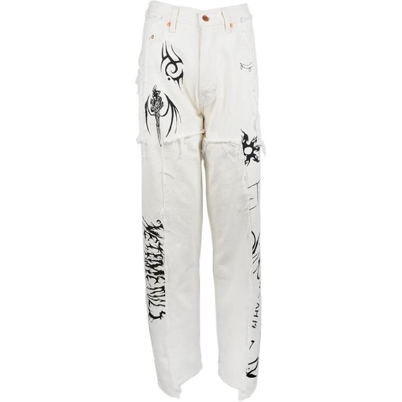 (Women) Vetements  White Mid-Rise Letter Graffiti Zip Jeans. WAH19PA103-WHITE