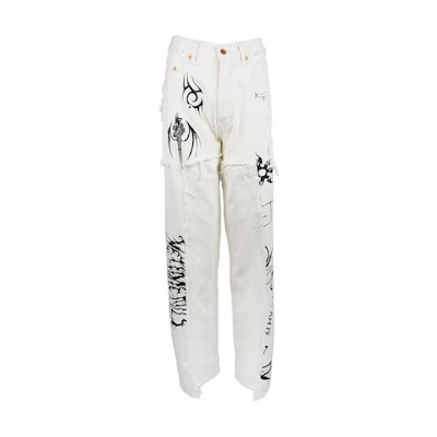 (Women) Vetements White Mid-Rise Letter Graffiti Zip Jeans. WAH19PA103-WHITE