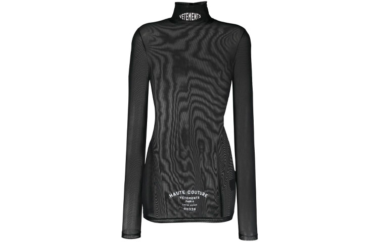 (Women) Vetements FW21  High Neck Sheer Knit Top with Embroidered Logo Black WA52DR260B