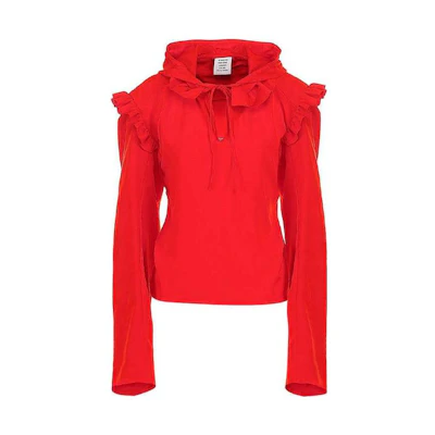 (Women) Vetements FW22 Red Ruffled Solid Color Hoodie Pullover WSS18SH9RED