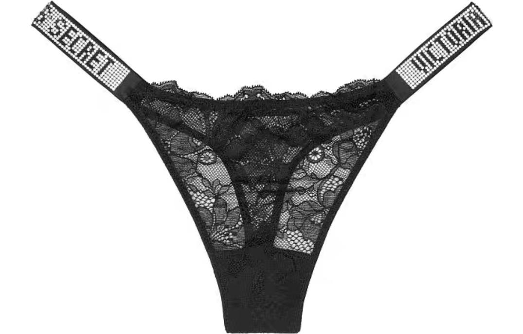 (Women) Victoria's Secret  Black Low-Rise Lace Trim Thong. 11179062 54A2