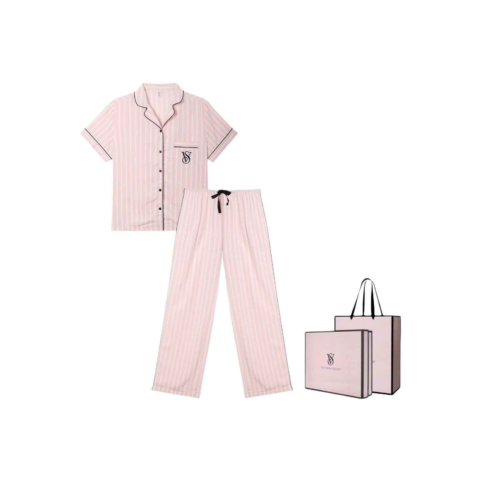 (Women) Victoria's Secret  Pink-White Striped Tencel Pajama Set (Top & Pants) 11262805-2HMN