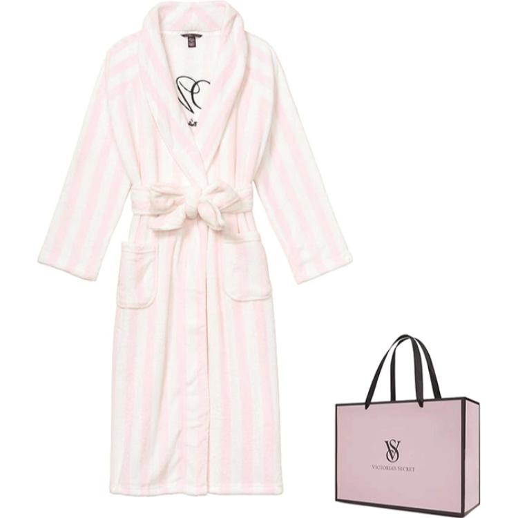(Women) Victoria's Secret  Pink Striped Flannel Logo Robe - Soft, Warm, Long Bathrobe 111761304YXQ