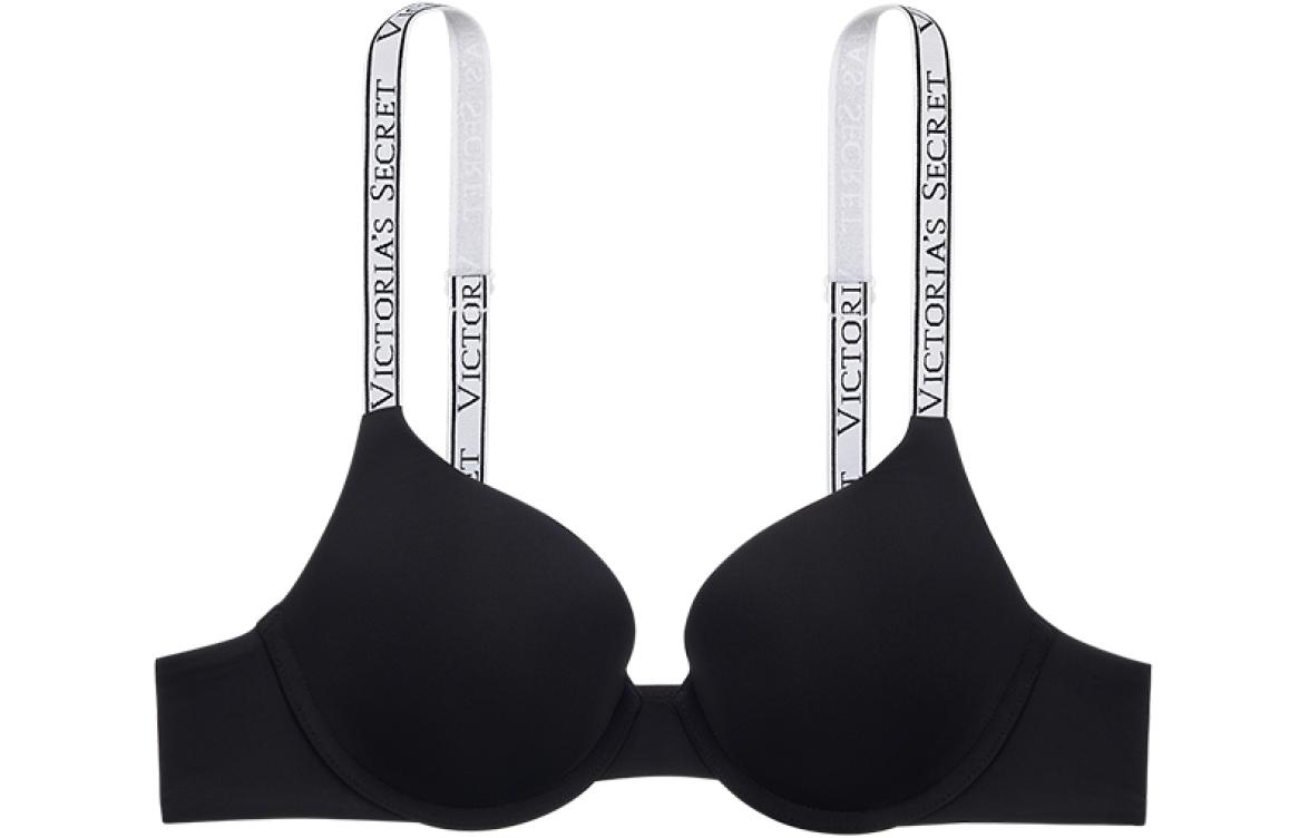 (Women) Victoria's Secret  Push-Up Bra Black Logo Strap Padded Underwire 3/4 Cup 11221458-54A2