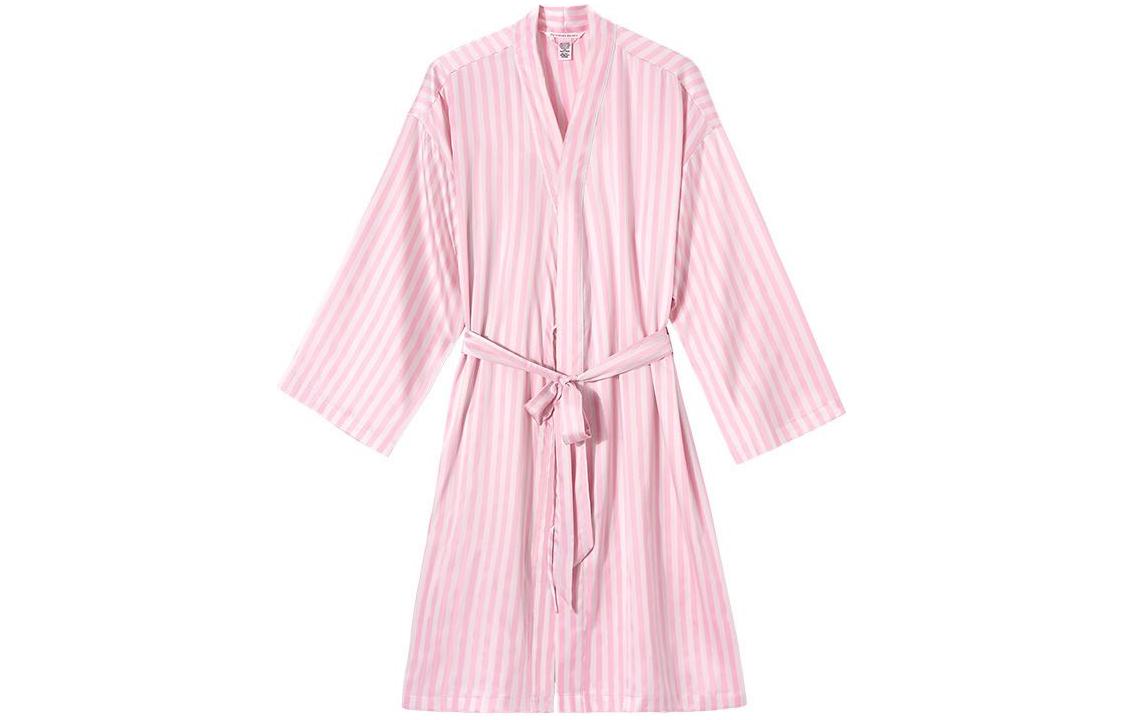 (Women) Victoria's Secret  Satin Midi Robe Pink Stripe Belted Comfortable Sleepwear 112370505W3S