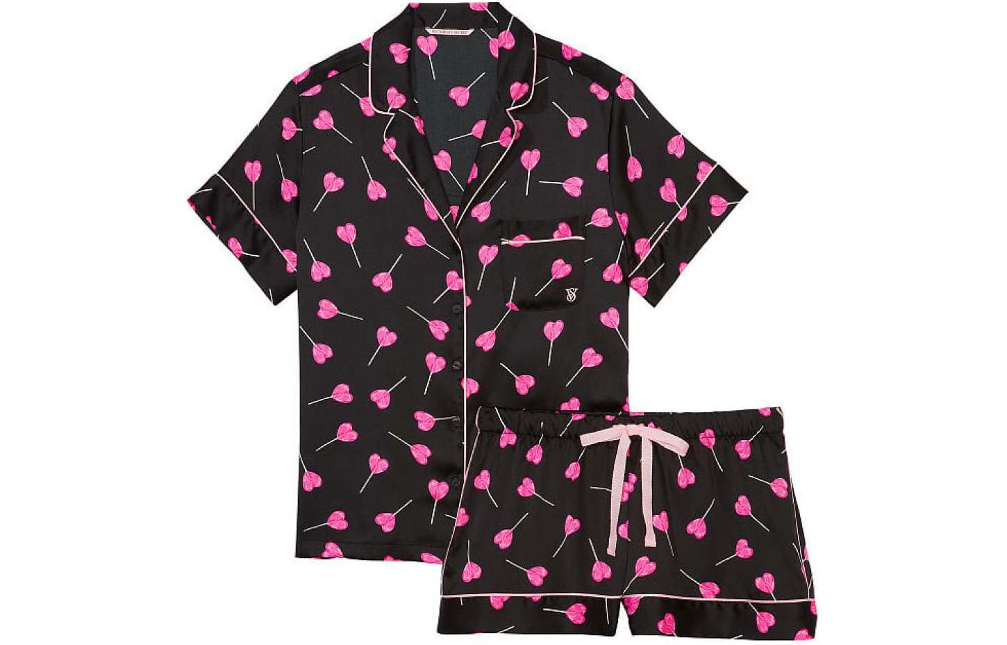 (Women) Victoria's Secret  Satin Pajama Set - Black Lollipop Print Short Sleeve & Shorts 11172758-68PS