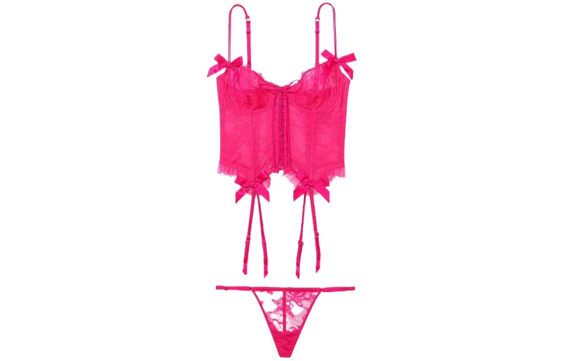 (Women) Victoria's Secret Lace Lingerie Set: Bra & Thong with Bow - Barbie Pink () 11244204-5TRG