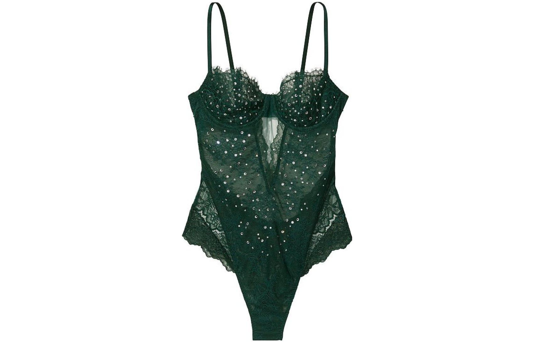 (Women) Victoria's Secret Lace Sparkly Rhinestone Bodysuit Unlined - Elegant Green (Women) 111825020V6R