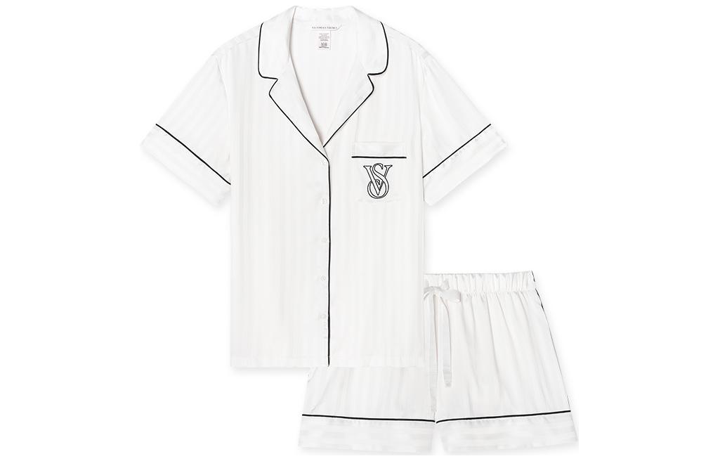 (Women) Victoria's Secret Logo Pajama Set for Women - Coconut White Short Sleeve & Shorts 11238459-34Y5