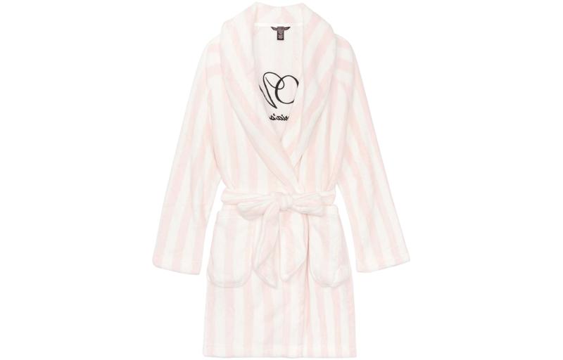 (Women) Victoria's Secret Pink-White Fleece-Lined Logo Print  Plush Robe 111625494YXQ