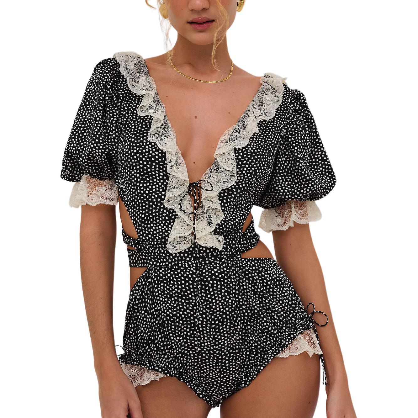 (Women) Victoria's Secret PINK Evangeline Teddy Lottie Dot Black Polka Dot Stretch Romper. 11249424-A461