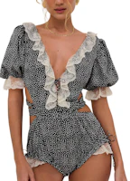 (Women) Victoria's Secret PINK Evangeline Teddy Lottie Dot Black Polka Dot Stretch Romper. 11249424-A461 (Women) Victoria's Secret PINK Evangeline Teddy Lottie Dot Black Polka Dot Stretch Romper. 11249424-A461