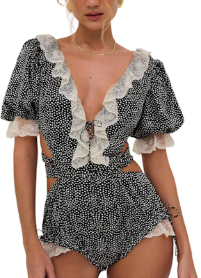(Women) Victoria's Secret PINK Evangeline Teddy Lottie Dot Black Polka Dot Stretch Romper. 11249424-A461 Buy (Women) Victoria's Secret PINK Evangeline Teddy Lottie Dot Black Polka Dot Stretch Romper. 11249424-A461