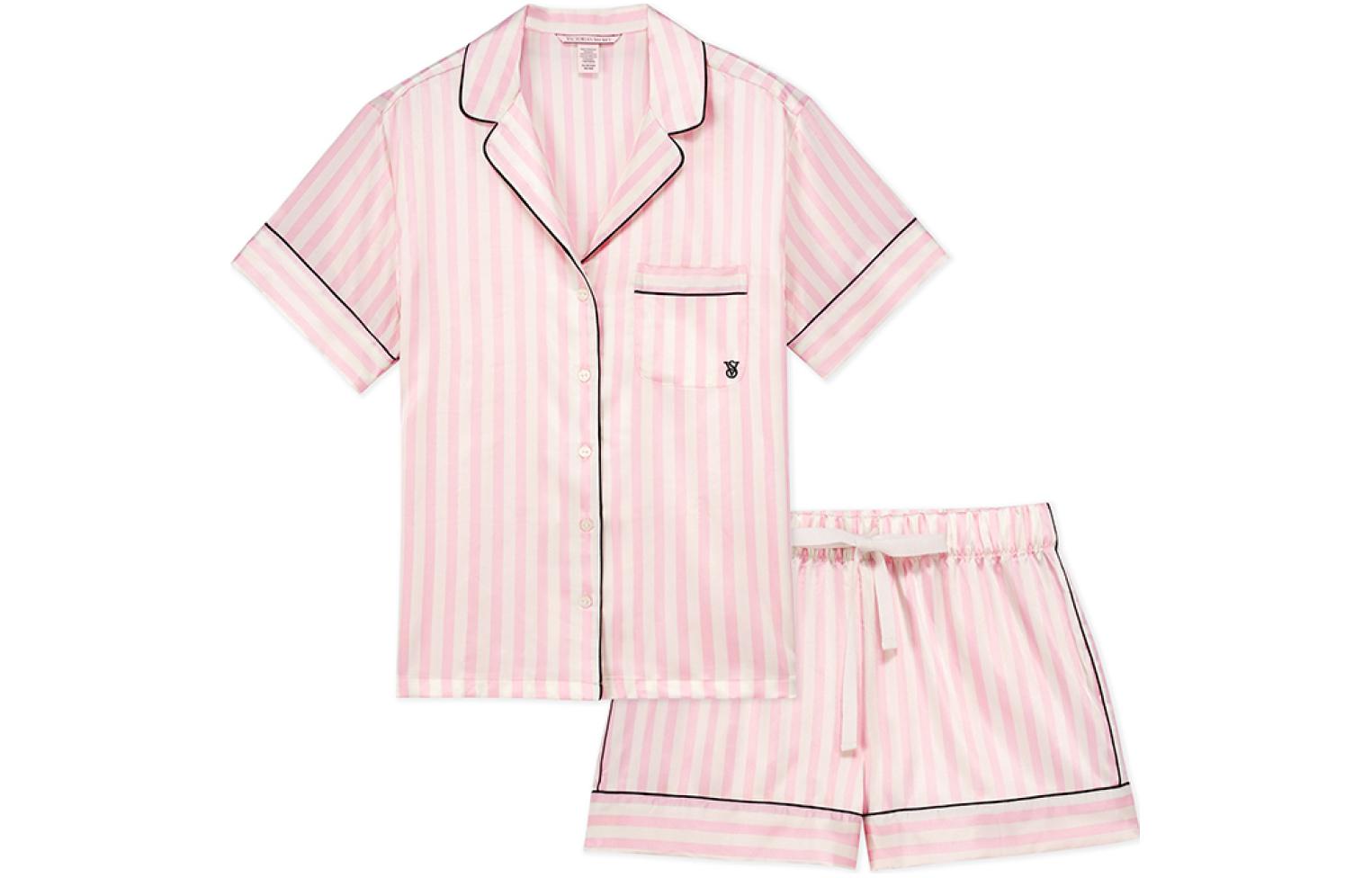 (Women) Victoria's Secret Pink Satin Striped Pajama Set for Women - Short Sleeve & Shorts. 111727585W3S