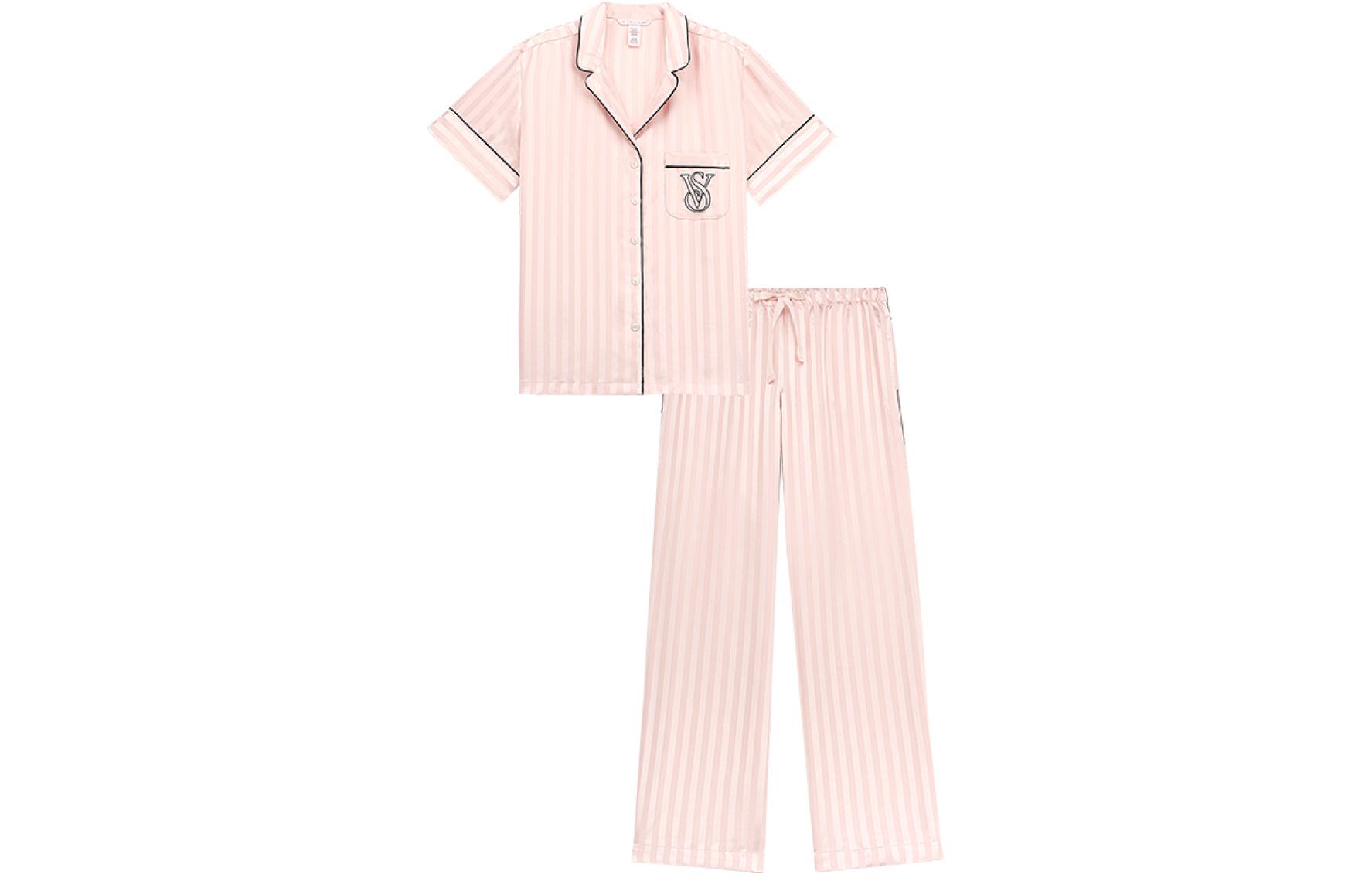 (Women) Victoria's Secret Pink Stripe Pajama Set -  Sakura Pink, Short Sleeve & Long Pants. 11239053-11T1