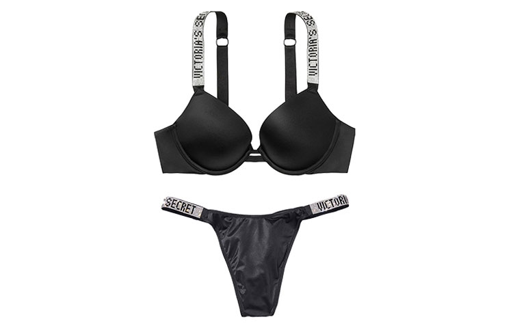 (Women) Victoria's Secret Rhinestone Logo Strap Lingerie Set Women’s Black 11208009-54A2+1114791254A2