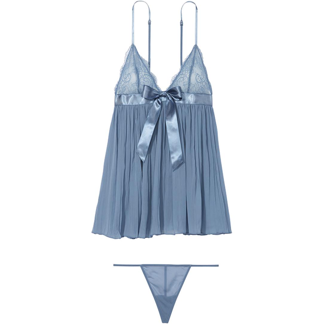 (Women) Victoria's Secret VERY SEXY Pleated Satin Babydoll Set - Blue Lingerie Sleepwear. 11185746-3JSD