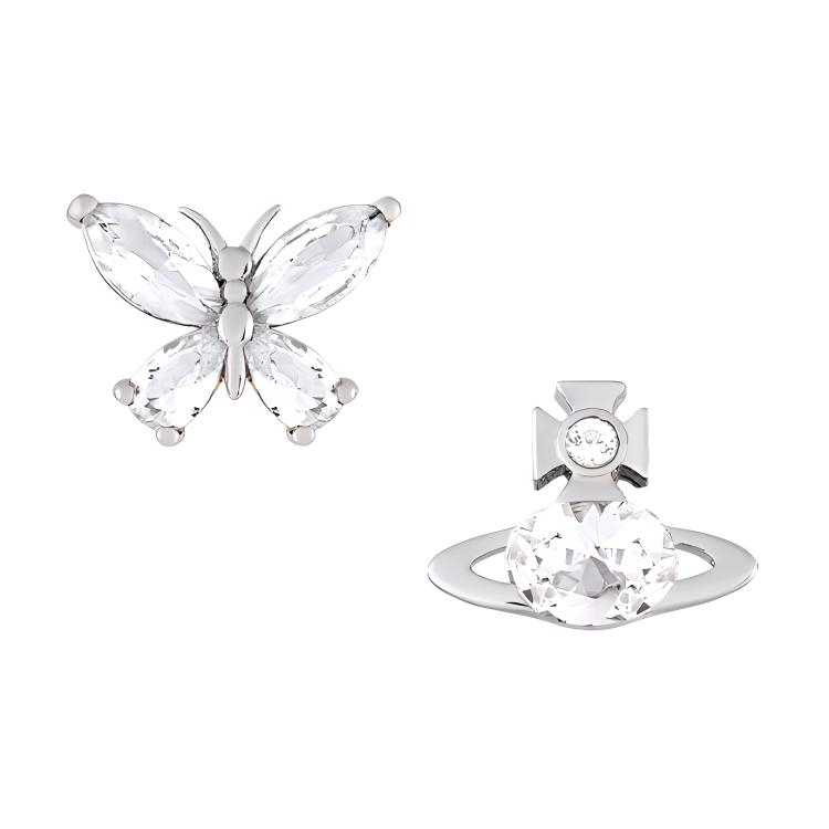 (Women) Vivienne Westwood 2024 Butterfly Decor Brass Stud Earrings Silver . 8050889781684