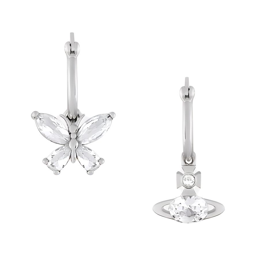 (Women) Vivienne Westwood 24 Butterfly Hoop Pendant Earrings Silver with Cubic Zirconia. 6202015W-02P102-SM